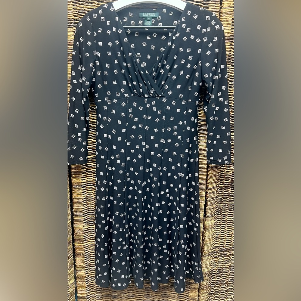 Lauren Ralph Lauren Navy and White Long Sleeve Dress- Size:4P, Pre-Owned